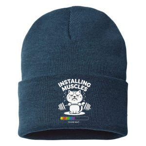 Installing Muscles Please Wait Cat Workout Gym Fitness Sustainable Knit Beanie