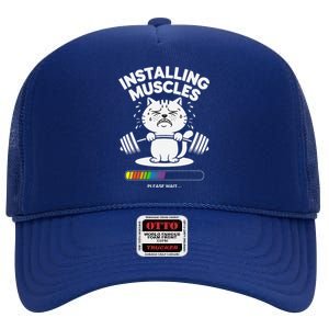 Installing Muscles Please Wait Cat Workout Gym Fitness High Crown Mesh Back Trucker Hat