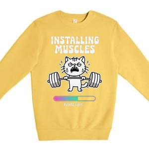 Installing Muscles Please Wait Cat Workout Gym Fitness Premium Crewneck Sweatshirt