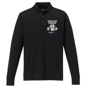 Installing Muscles Please Wait Cat Workout Gym Fitness Performance Long Sleeve Polo