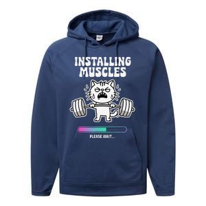 Installing Muscles Please Wait Cat Workout Gym Fitness Performance Fleece Hoodie