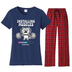 Installing Muscles Please Wait Cat Workout Gym Fitness Women's Flannel Pajama Set