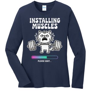 Installing Muscles Please Wait Cat Workout Gym Fitness Ladies Long Sleeve Shirt