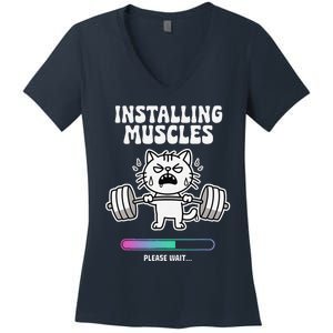 Installing Muscles Please Wait Cat Workout Gym Fitness Women's V-Neck T-Shirt