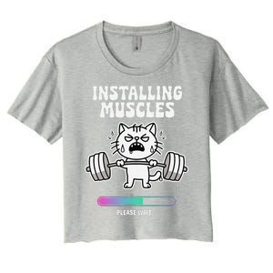 Installing Muscles Please Wait Cat Workout Gym Fitness Women's Crop Top Tee