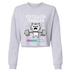 Installing Muscles Please Wait Cat Workout Gym Fitness Cropped Pullover Crew