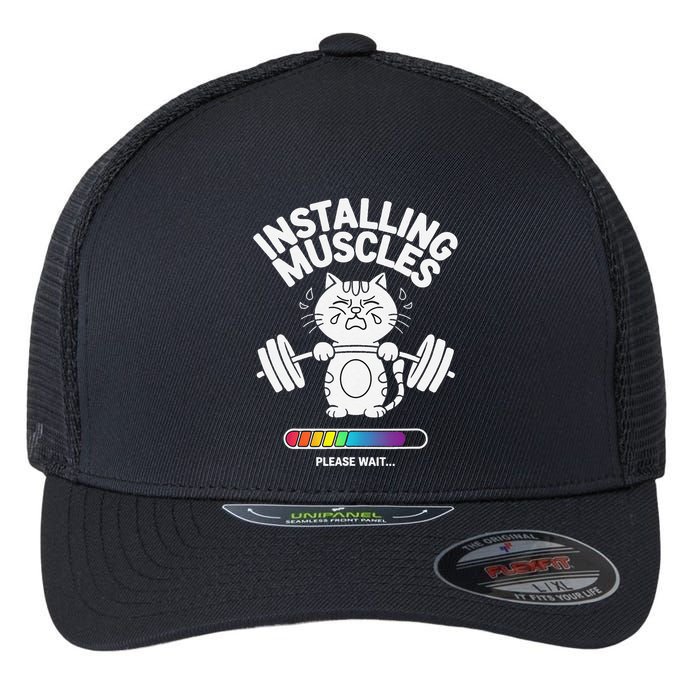 Installing Muscles Please Wait Cat Workout Gym Fitness Flexfit Unipanel Trucker Cap