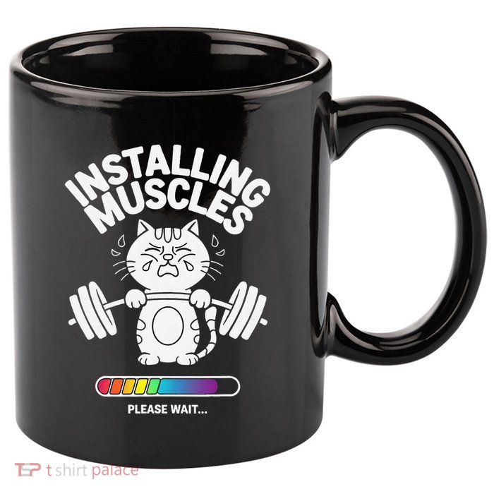 Installing Muscles Please Wait Cat Workout Gym Fitness 11oz C Handle Ceramic Mug