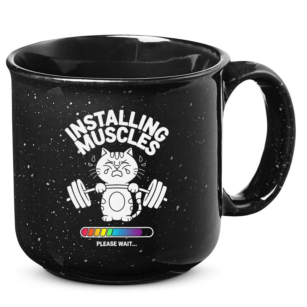 Installing Muscles Please Wait Cat Workout Gym Fitness 15oz Campfire Ceramic Mug