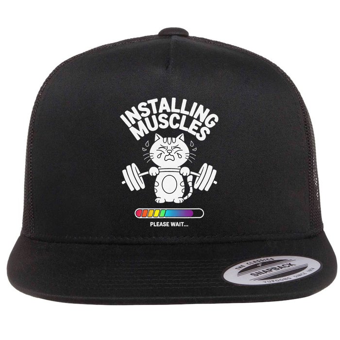 Installing Muscles Please Wait Cat Workout Gym Fitness Flat Bill Trucker Hat
