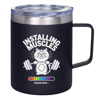 Installing Muscles Please Wait Cat Workout Gym Fitness 12oz Stainless Steel Coffee Mug