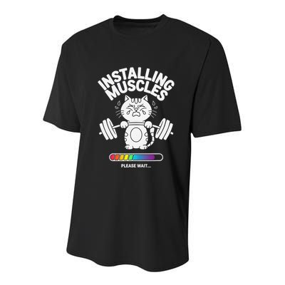 Installing Muscles Please Wait Cat Workout Gym Fitness Youth Performance Sprint T-Shirt