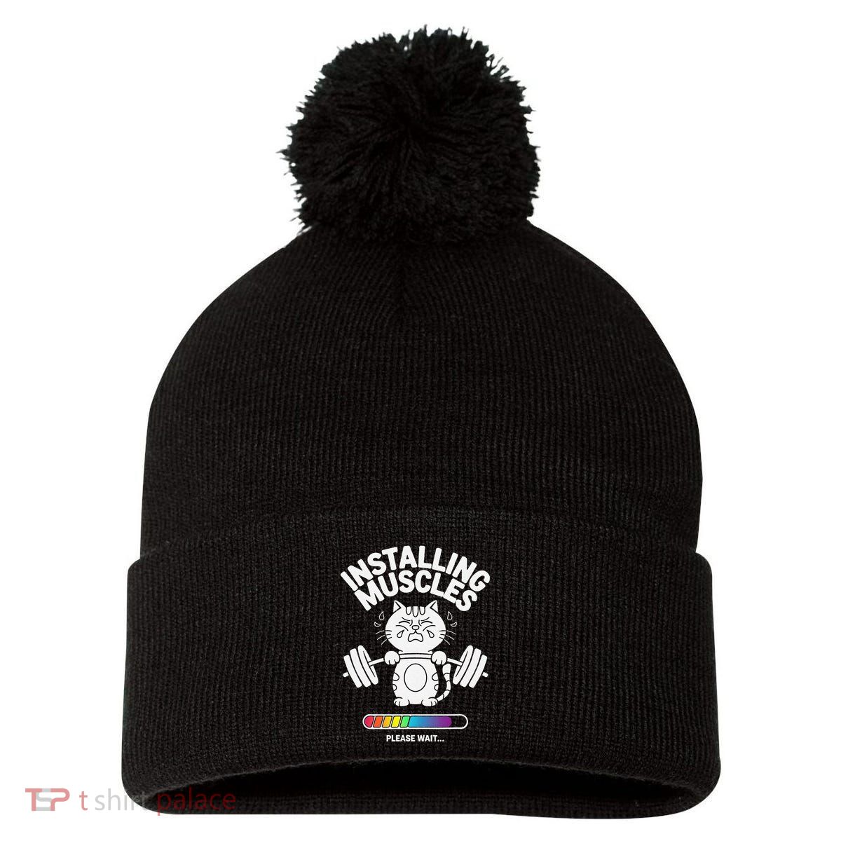 Installing Muscles Please Wait Cat Workout Gym Fitness Pom Pom 12in Knit Beanie
