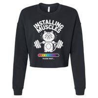 Installing Muscles Please Wait Cat Workout Gym Fitness Cropped Pullover Crew