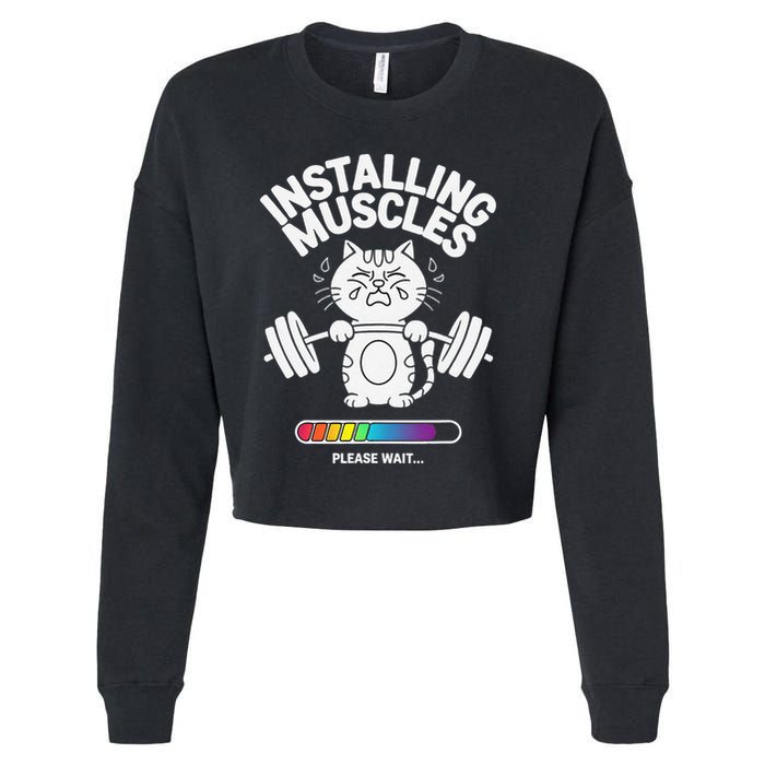 Installing Muscles Please Wait Cat Workout Gym Fitness Cropped Pullover Crew