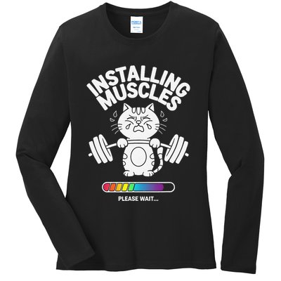 Installing Muscles Please Wait Cat Workout Gym Fitness Ladies Long Sleeve Shirt