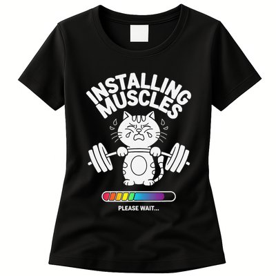 Installing Muscles Please Wait Cat Workout Gym Fitness Womens T-Shirt