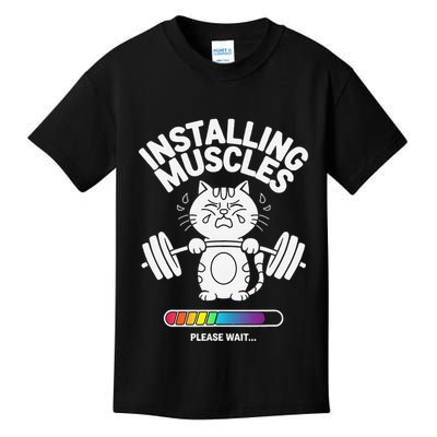 Installing Muscles Please Wait Cat Workout Gym Fitness Kids T-Shirt