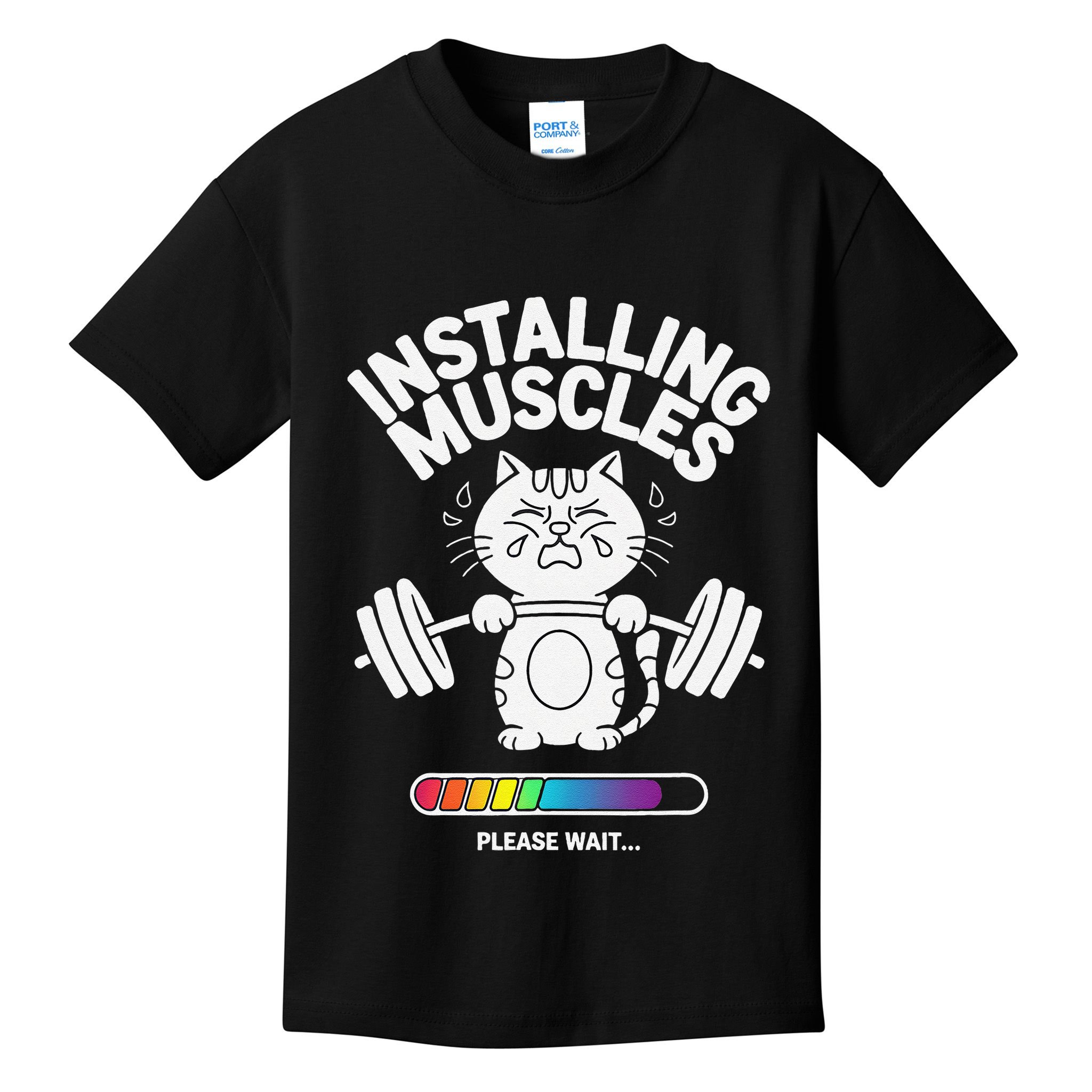 Installing Muscles Please Wait Cat Workout Gym Fitness Kids T-Shirt