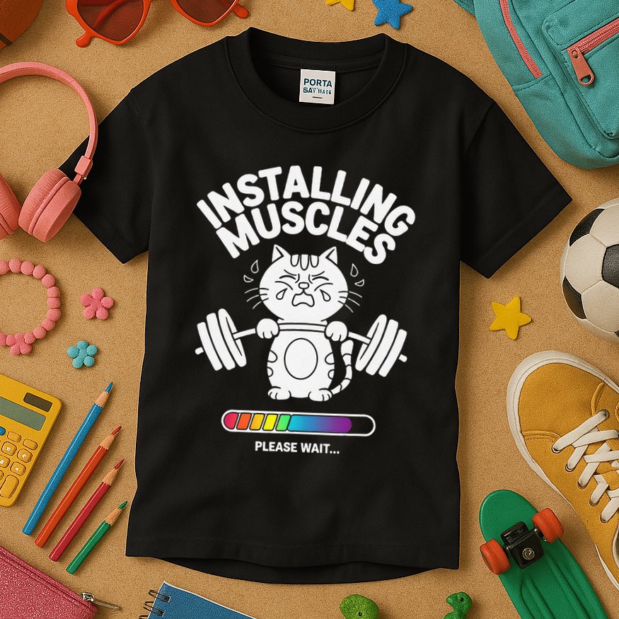 Installing Muscles Please Wait Cat Workout Gym Fitness Kids T-Shirt