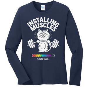 Installing Muscles Please Wait Cat Workout Gym Fitness Ladies Long Sleeve Shirt