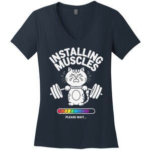 Installing Muscles Please Wait Cat Workout Gym Fitness Women's V-Neck T-Shirt