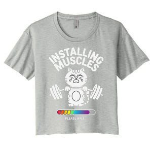 Installing Muscles Please Wait Cat Workout Gym Fitness Women's Crop Top Tee