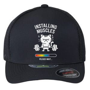 Installing Muscles Please Wait Cat Workout Gym Fitness Flexfit Unipanel Trucker Cap