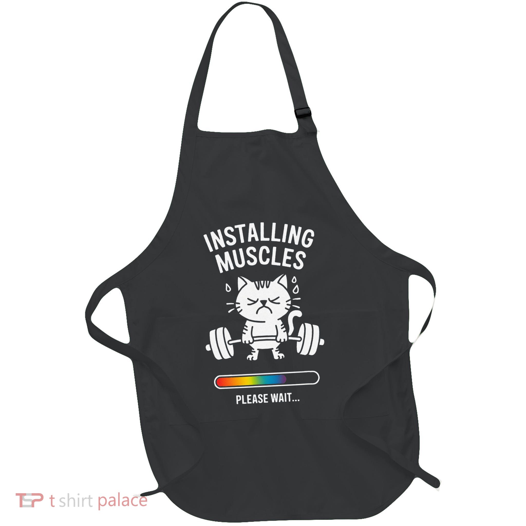 Installing Muscles Please Wait Cat Workout Gym Fitness Full-Length Apron With Pockets