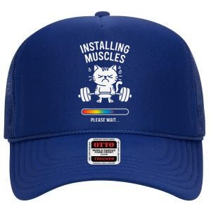 Installing Muscles Please Wait Cat Workout Gym Fitness High Crown Mesh Back Trucker Hat