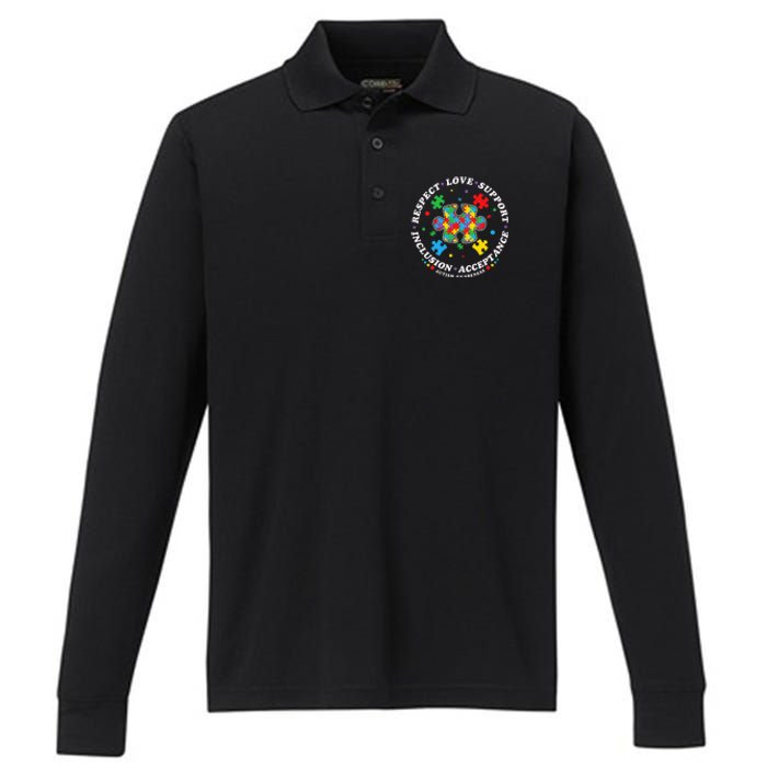 Inclusion Matters puzzle Support Autism Awareness Performance Long Sleeve Polo