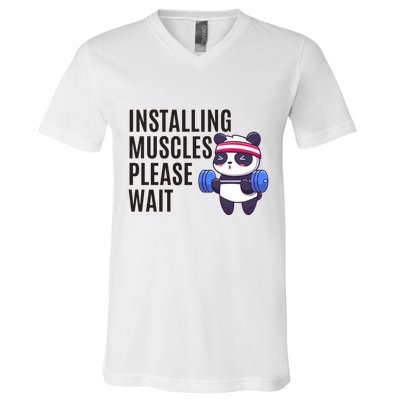 Installing Muscles Please Wait Panda Gym V-Neck T-Shirt