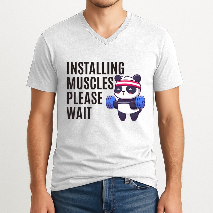 Installing Muscles Please Wait Panda Gym V-Neck T-Shirt