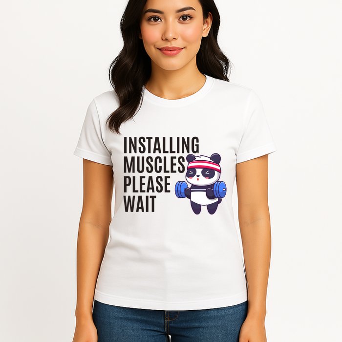 Installing Muscles Please Wait Panda Gym Womens T-Shirt