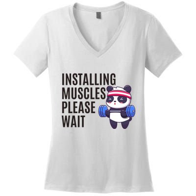 Installing Muscles Please Wait Panda Gym Women's V-Neck T-Shirt