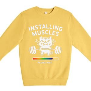 Installing Muscles Please Wait Cat Workout Gym Fitness Premium Crewneck Sweatshirt