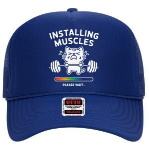 Installing Muscles Please Wait Cat Workout Gym Fitness High Crown Mesh Back Trucker Hat