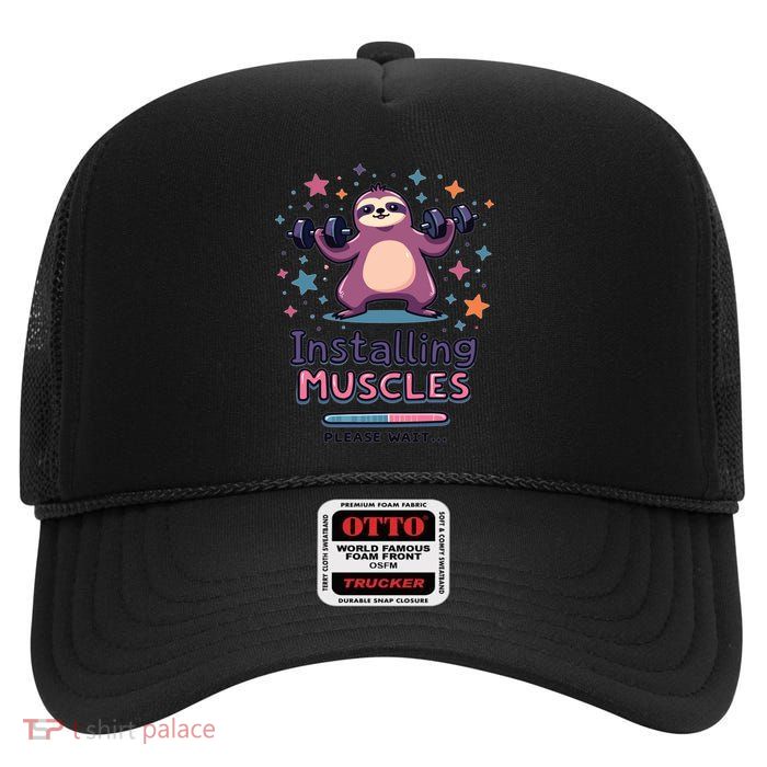 Installing Muscles Please Wait Sloth Fitness Sloths High Crown Mesh Back Trucker Hat