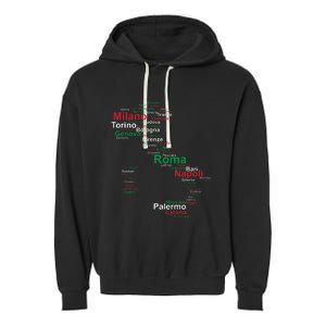 Italy Map Silhouette Flag Towns Cities Rome Travel Europe Garment-Dyed Fleece Hoodie