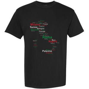 Italy Map Silhouette Flag Towns Cities Rome Travel Europe Garment-Dyed Heavyweight T-Shirt