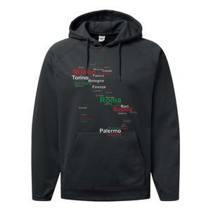 Italy Map Silhouette Flag Towns Cities Rome Travel Europe Performance Fleece Hoodie