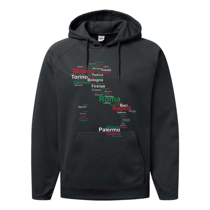 Italy Map Silhouette Flag Towns Cities Rome Travel Europe Performance Fleece Hoodie