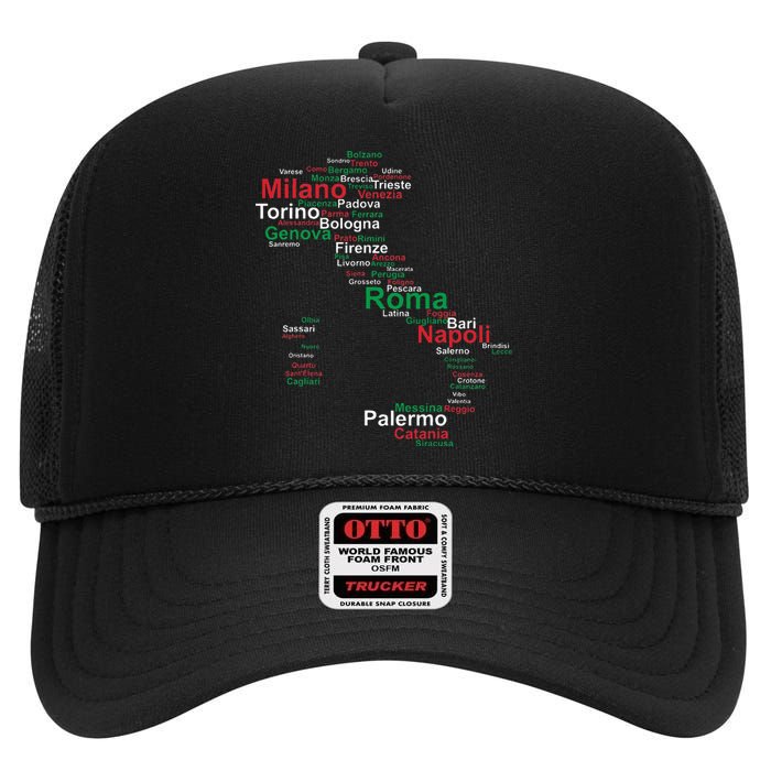 Italy Map Silhouette Flag Towns Cities Rome Travel Europe High Crown Mesh Back Trucker Hat