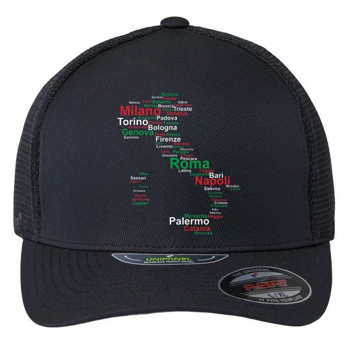 Italy Map Silhouette Flag Towns Cities Rome Travel Europe Flexfit Unipanel Trucker Cap