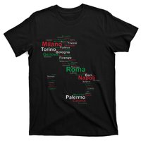 Italy Map Silhouette Flag Towns Cities Rome Travel Europe T-Shirt