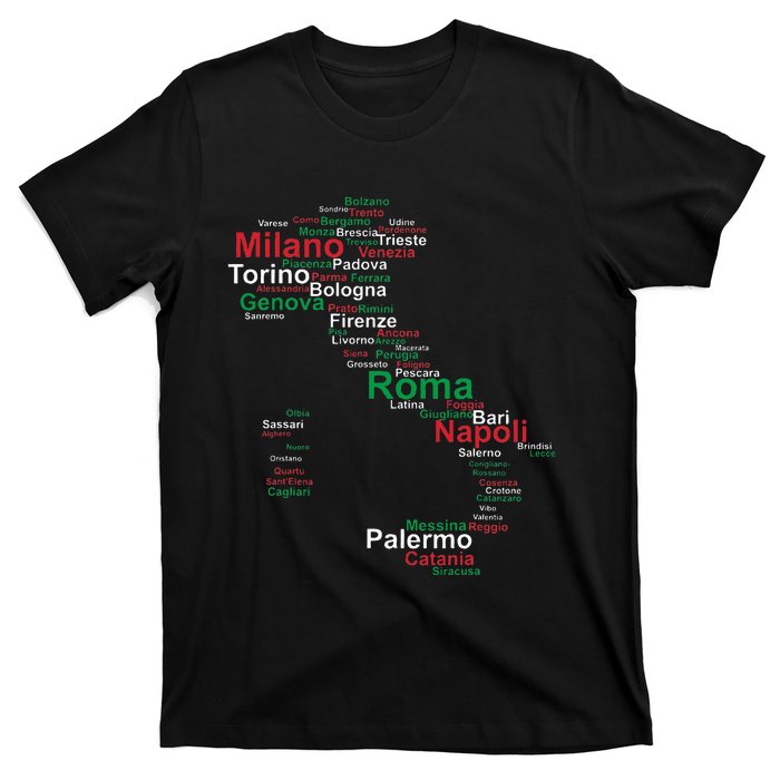 Italy Map Silhouette Flag Towns Cities Rome Travel Europe T-Shirt