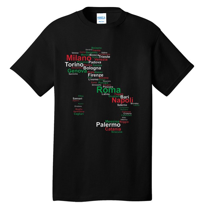 Italy Map Silhouette Flag Towns Cities Rome Travel Europe Tall T-Shirt