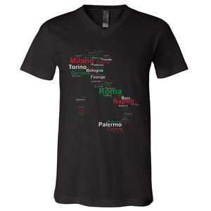 Italy Map Silhouette Flag Towns Cities Rome Travel Europe V-Neck T-Shirt