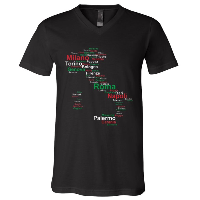 Italy Map Silhouette Flag Towns Cities Rome Travel Europe V-Neck T-Shirt