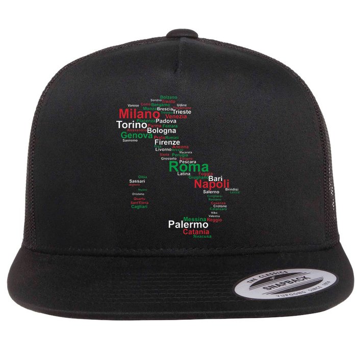 Italy Map Silhouette Flag Towns Cities Rome Travel Europe Flat Bill Trucker Hat